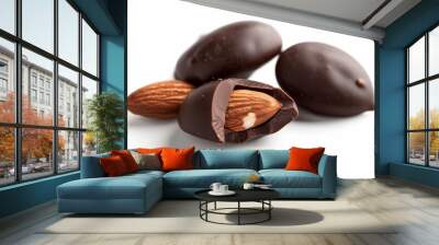 cracked chocolate-coated almond, with half of it showing the almond inside isolated on white background Wall mural