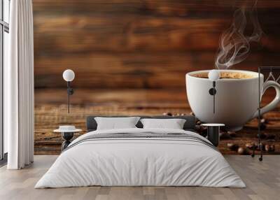 White coffee cup filled with steaming black coffee and a natural swirl, with beans scattered on a wooden background Wall mural