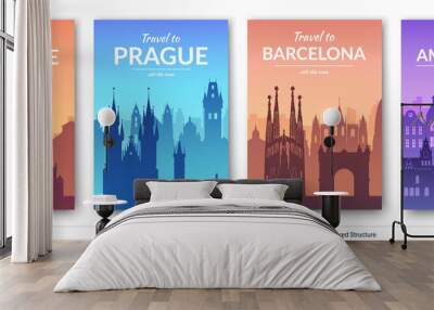 European famous city scapes set. Wall mural