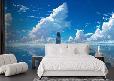 Blue sky and white clouds girl illustration poster background Wall mural