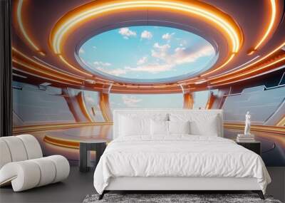 Techno Orange White futuristic circular booth illustration poster background Wall mural