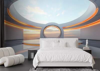 Techno Orange White futuristic circular booth illustration poster background Wall mural