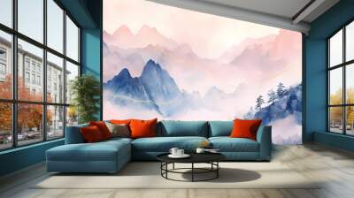 Traditional Chinese pink and blue mountain poster background Wall mural