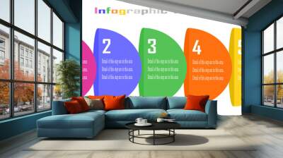 Horizontal Colorful Business Infographic template. The half of the circle with numbers 5 steps or options and text boxes. Wall mural