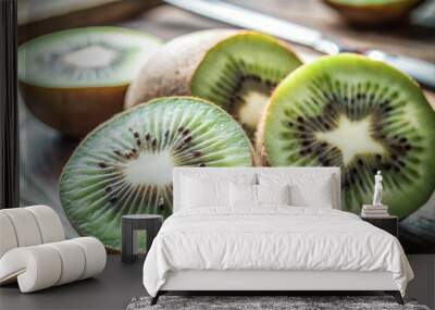 Freshly sliced kiwi fruit on a white plate, showcasing its vibrant green color and juicy texture, perfect for a healthy dessert Wall mural