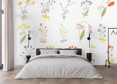 Set of hand drawn flowers with washi tape. Planner sticker set Wall mural