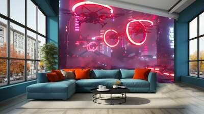 Futuristic Drone Station with Bioluminescent Flight Paths and Neon Infused Lighting Wall mural