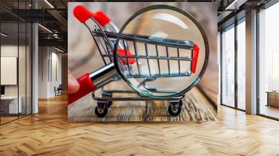 Half Body Magnifying Glass Inspecting Digital Shopping Cart in Retail Setting Wall mural