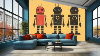 Retro Robot Designs with Bold Lines in Vibrant Wall mural