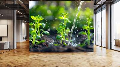 Watering Young Plant Seedlings in Sunlit Garden with Vibrant Foliage and Tranquil Ambiance Wall mural