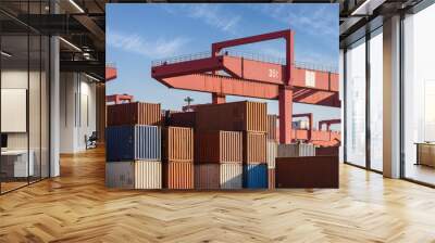 container yard and gantry crane closeup Wall mural