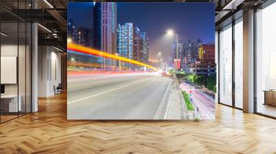 urban traffic night scene with light trails on overpass Wall mural