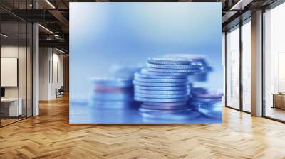 Row of coins on wood background for finance and Saving concept,Investment, Economy, Soft focus and dark style. Wall mural