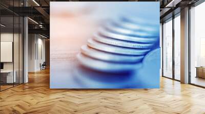 Row of coins on wood background for finance and Saving concept,Investment, Economy, Soft focus and dark style. Wall mural