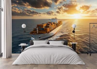 A large cargo ship in the middle of a calm sea with full containers. A cargo ship in the middle of the sea across continents. Wall mural