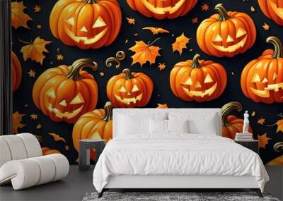 Halloween' Day with orange pumpkin, black bat, dead tree and big orange moon. Wall mural