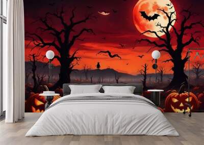 Halloween' Day with orange pumpkin, black bat, dead tree and big orange moon. Wall mural