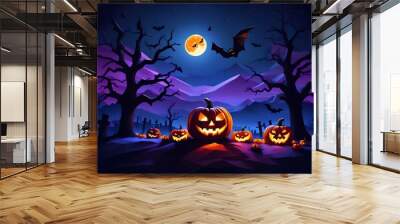 Halloween' Day with orange pumpkin, black bat, dead tree and big orange moon. Wall mural