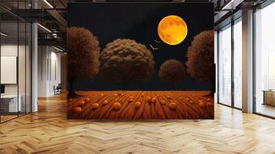 Halloween' Day with orange pumpkin, black bat, dead tree and big orange moon. Wall mural