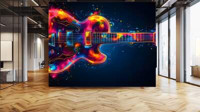 A fiery electric guitar with colorful flames burning around it. Wall mural