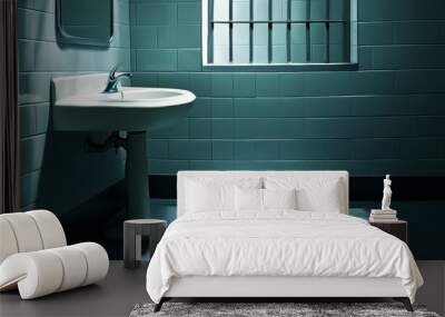 A white sink with a chrome faucet sits in a corner of a bathroom with blue tile walls and a barred window casting a shadow on the floor. Wall mural