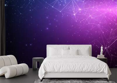 Abstract purple background with connecting lines and glowing dots. Wall mural