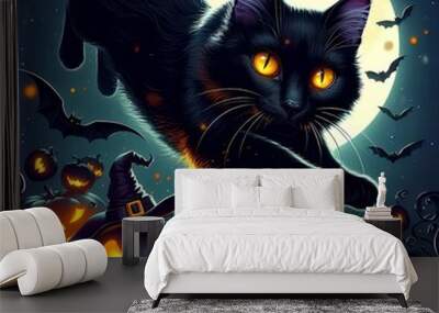 A sleek black cat with glowing yellow eyes leaps through the air, its fur bristling as it weaves through Jack-o'-lanterns and bats. The witch’s familiar adds a touch of feline grace to the chaotic Hal Wall mural