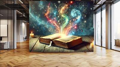 An open, ancient book with rough pages lies on a wooden surface. The pages are white, and magical light in shades of blue and green emanates Wall mural