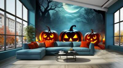 Three glowing jack-o'-lanterns of varying sizes placed on a wooden surface at dusk, with a mysterious, mist-covered lake background,  Wall mural