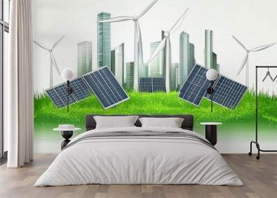 Green city skyline with wind turbines and solar panels. Wall mural