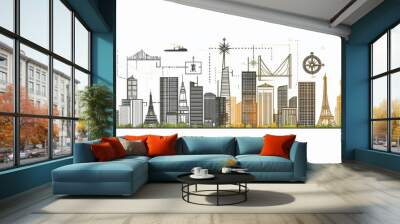 Skyline of interconnected city buildings with architectural landmarks, representing global network and business connections. Wall mural