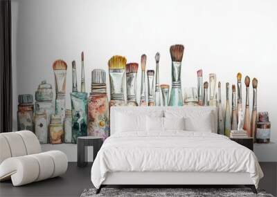 A collection of art supplies including brushes and paint tubes, showcasing creativity and artistic tools. Wall mural