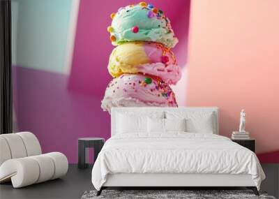 A colorful ice cream cone featuring three scoops topped with sprinkles, set against a vibrant background. Wall mural