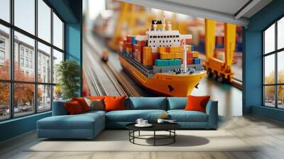 A detailed model of a cargo ship loaded with colorful containers, set in a bustling port environment. Wall mural