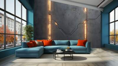 A futuristic metallic wall with glowing lines, suggesting a sci-fi or technological setting. Wall mural