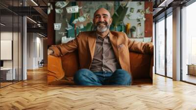 A joyful bald man in a brown blazer sits on an orange couch with money flying around him, depicting wealth Wall mural