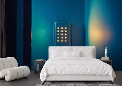 A modern keypad mounted on a wall, illuminated, possibly for secure access control. Wall mural