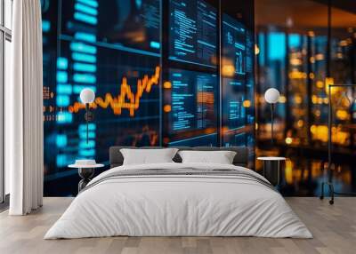 A modern workspace featuring digital screens displaying data analytics and financial graphs. Wall mural