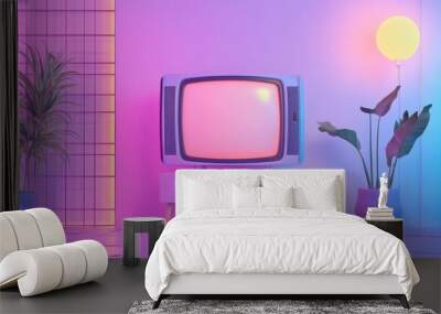 A retro television set in a stylish room with colorful lighting and plants, creating a cozy atmosphere. Wall mural