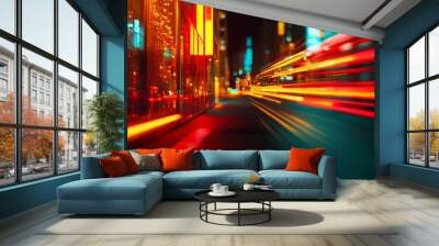 A vibrant city scene at night, showcasing light trails from vehicles on a bustling urban street. Wall mural