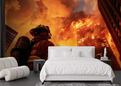 A firefighter man wearing a firefighter's uniform faces a large building fire. Highlights the bravery and dangers of intense firefighting. Wall mural