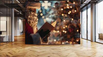 A man in a Santa Claus costume reads a letter over a background of tree lights. On the day of celebrating Christmas Wall mural