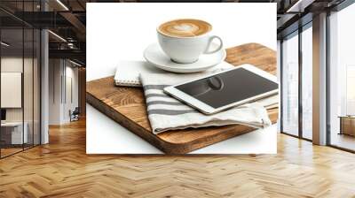 A minimalist office desk with a tablet, a notebook, and a coffee cup isolated on a white background Wall mural