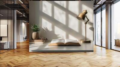 A minimalist reading table with a book, glasses, and a desk lamp isolated on white Wall mural