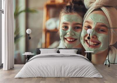 A pair of beautiful mother and daughter Wear a facial together and take care of your beauty together with a bathrobe. Wall mural