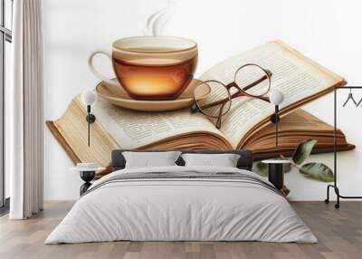 A reading desk with an open book, glasses, and a cup of tea isolated on white Wall mural