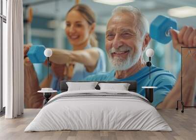 A well-mannered old man is exercising with dumbbells in a hospital gym, with a female nurse supervising his exercise. Wall mural