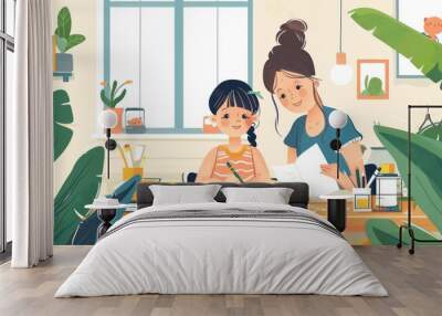 A young mother and her little daughter do homework in the living room at their home. Wall mural