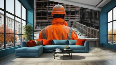 Back view of construction worker at construction site, building in uniform orange uniform Wall mural