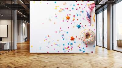 Background with American flag, grosgrain ribbon, decorated with colorful stars scattered on empty space. Independence Day, American Labor Day. Wall mural